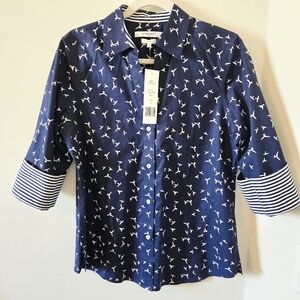 FOXCROFT Navy Bird Stripe 3/4 Sleeve Button Down Shirt NWT Medium